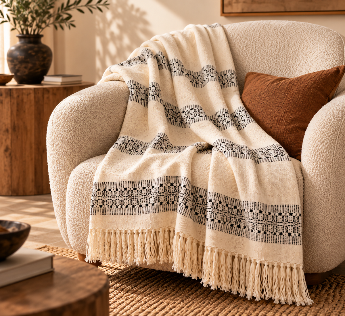 Plaid en coton naturel fait main - L