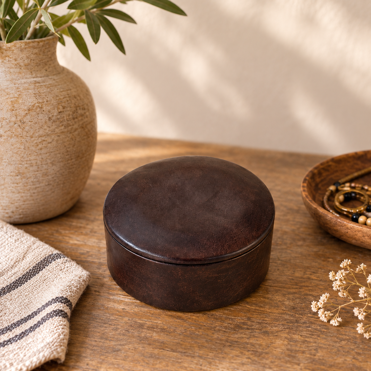 Boite de rangement ronde en cuir - Modèle lisse - Petit modèle