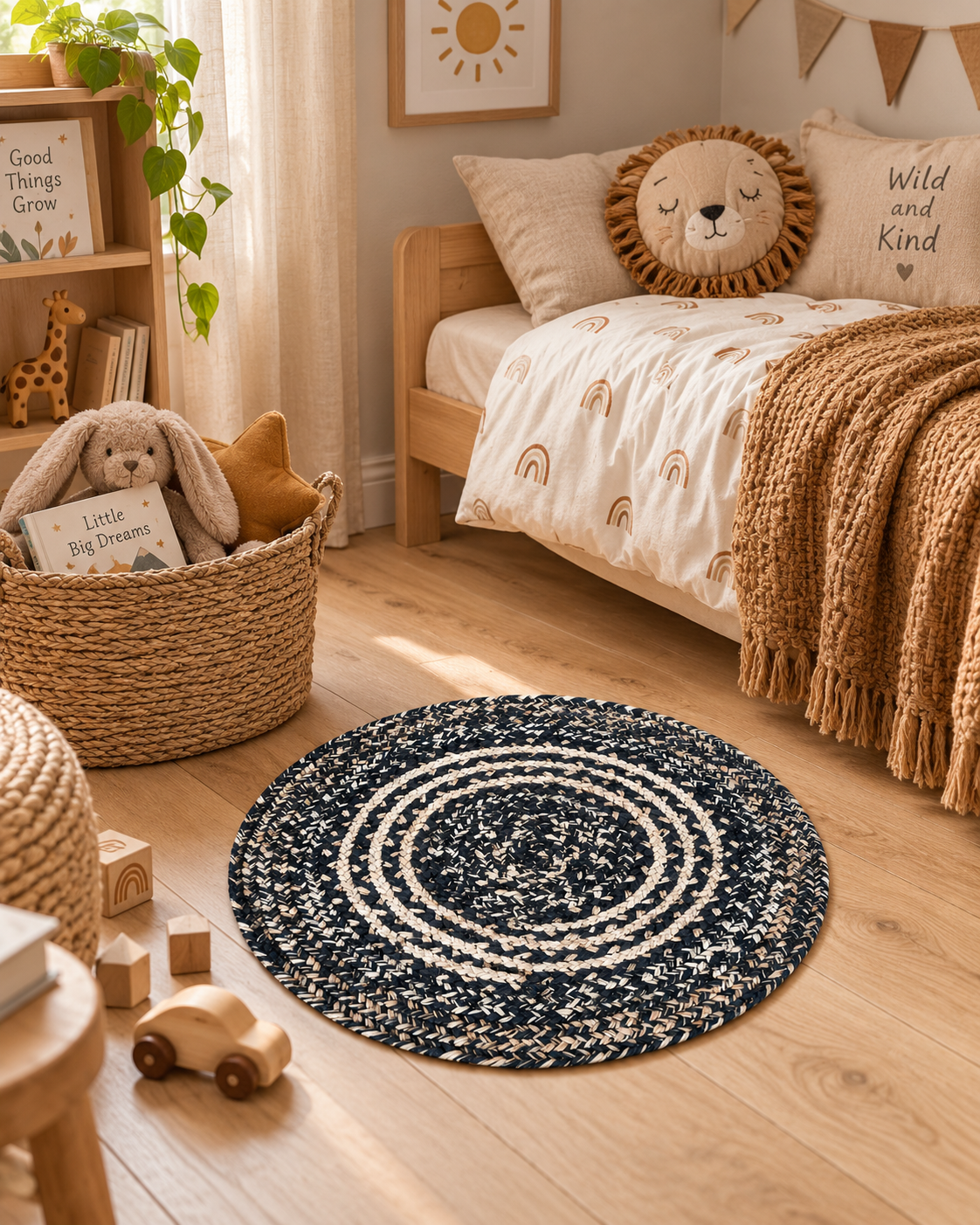 Tapis rond enfant – noir & naturel