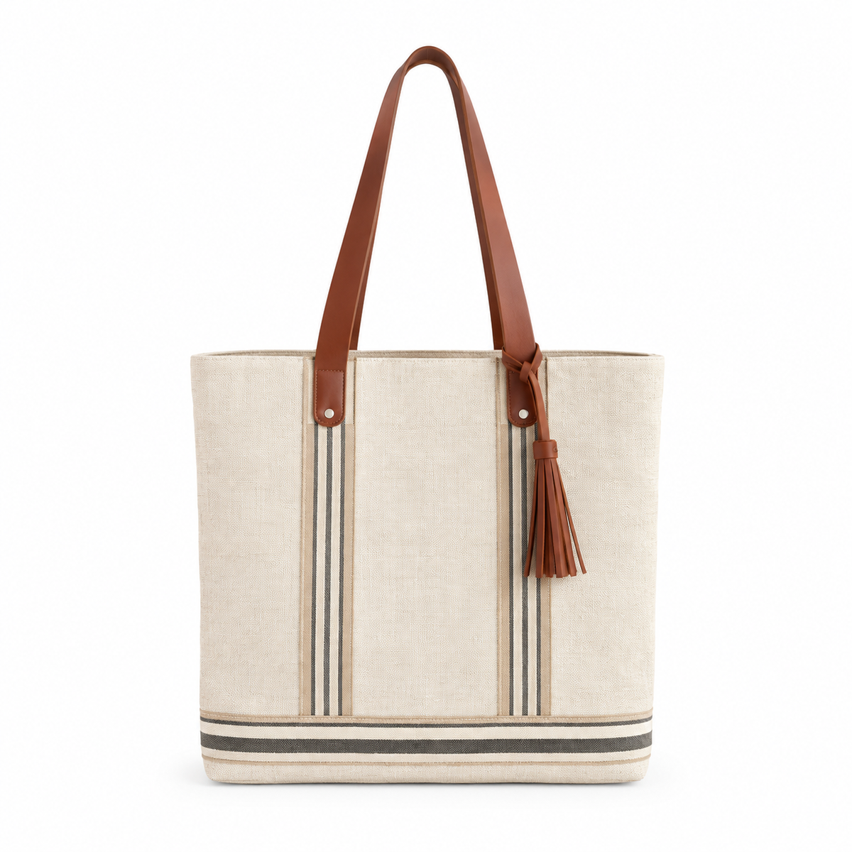 Cabas en lin et cuir - écru, beige et gris