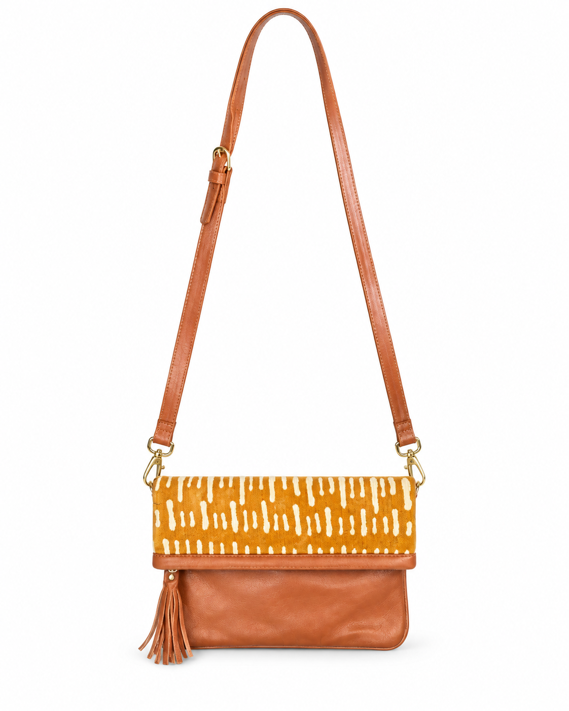 Sac bandoulière en cuir camel et bogolan – moutarde