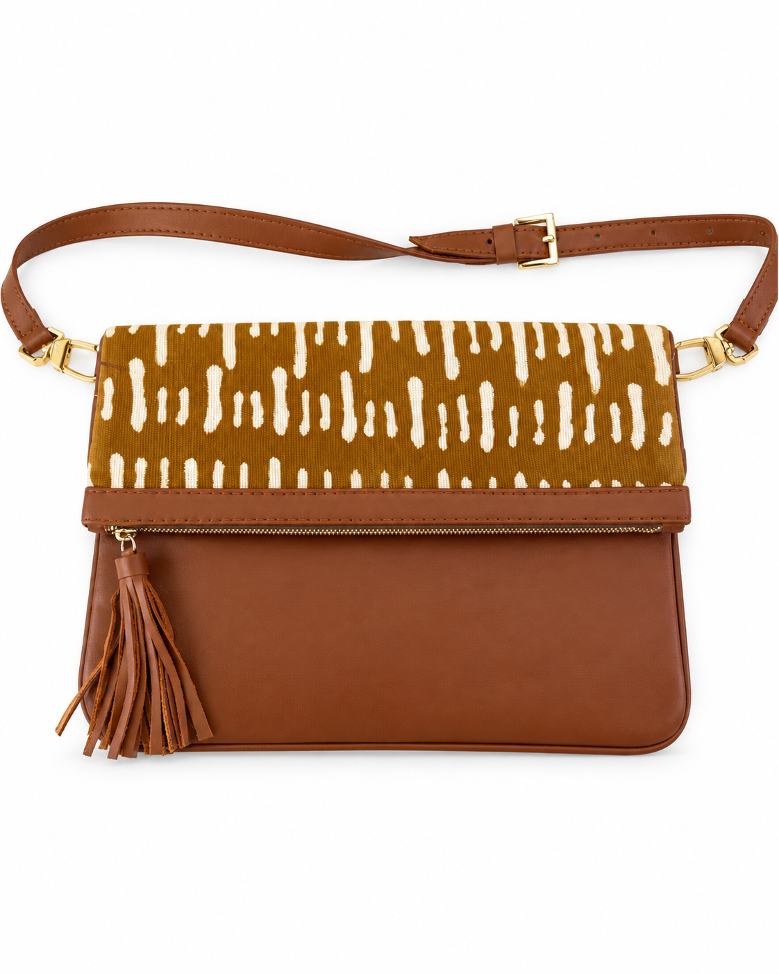 Sac bandoulière en cuir camel et bogolan – moutarde