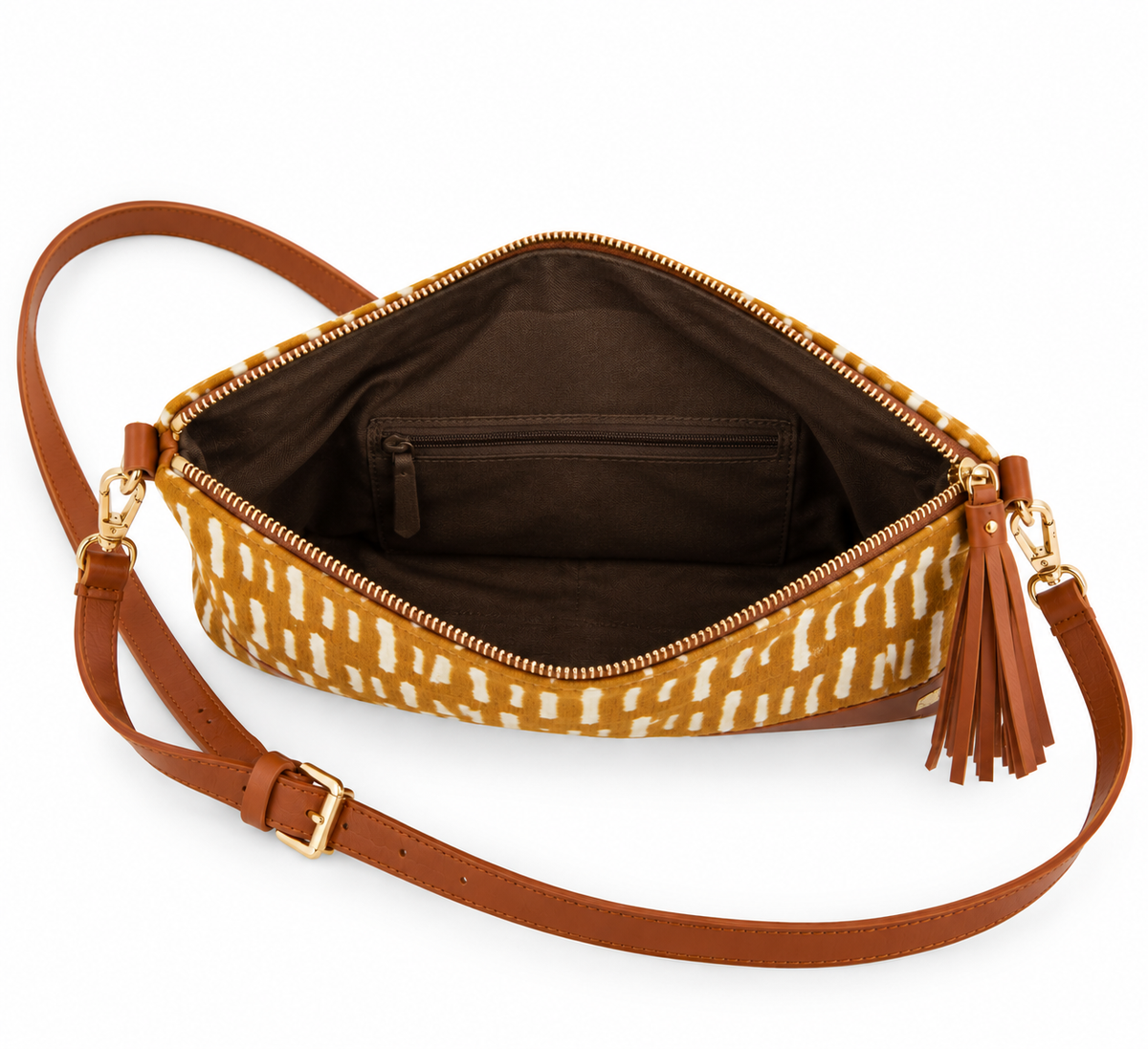 Sac bandoulière en cuir camel et bogolan – moutarde