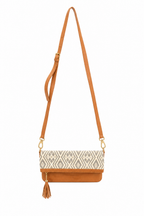 Sac bandoulière en pagne tissé et cuir camel – écru et noir