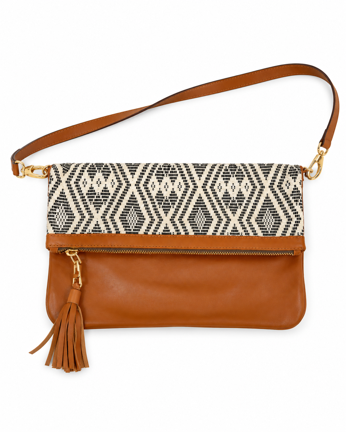 Sac bandoulière en pagne tissé et cuir camel – écru et noir