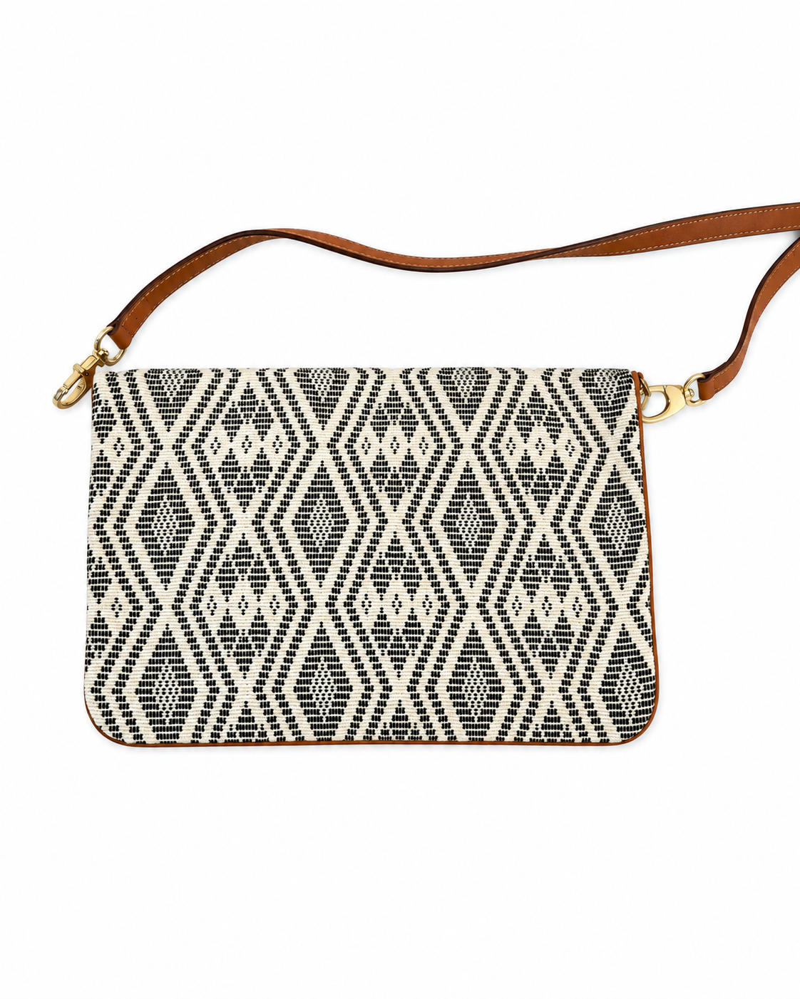 Sac bandoulière en pagne tissé et cuir camel – écru et noir