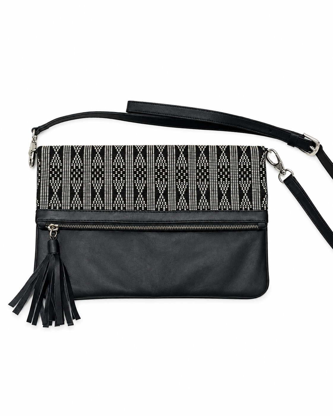 Sac bandoulière en pagne tissé et cuir noir – noir