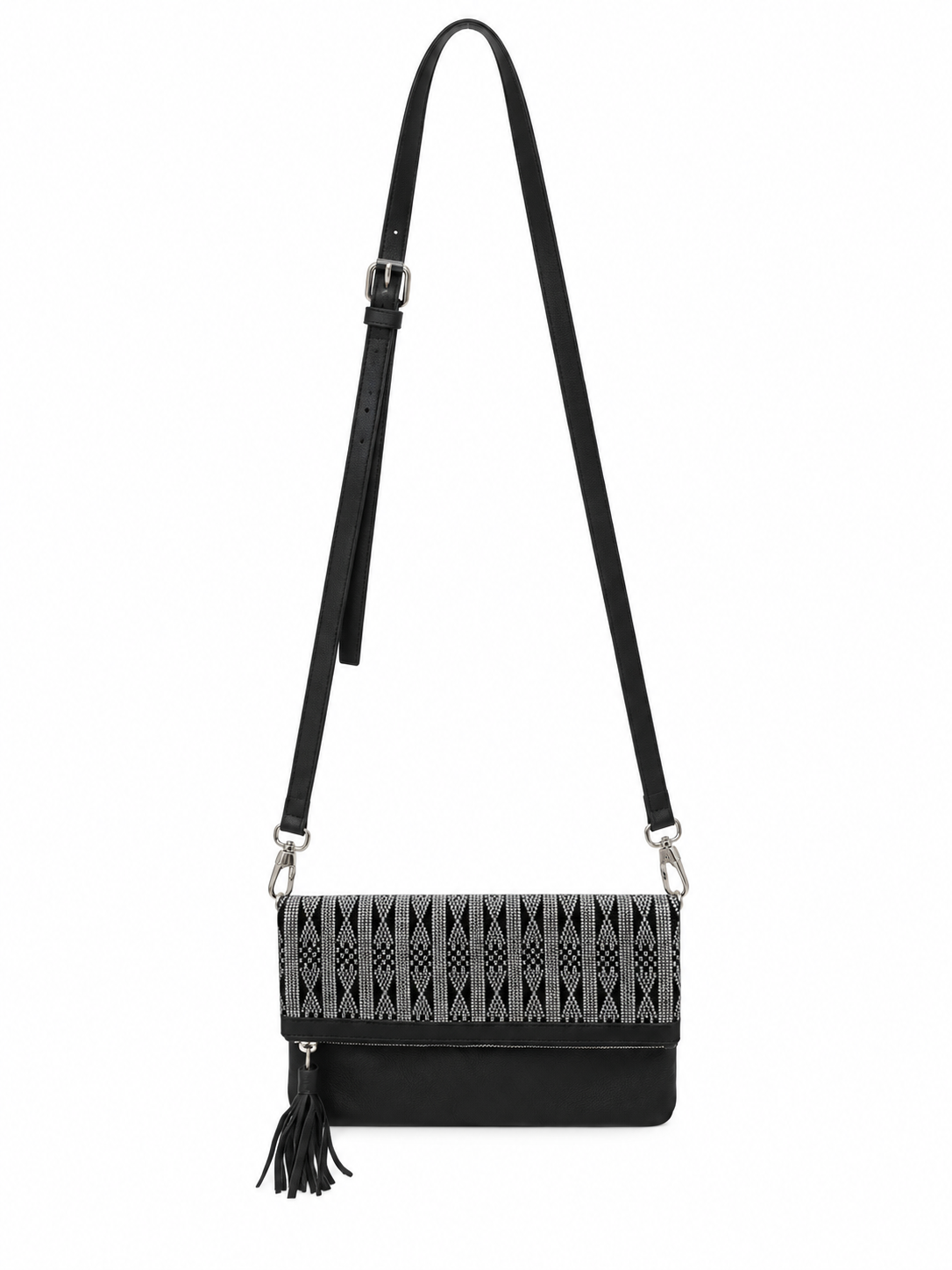 Sac bandoulière en pagne tissé et cuir noir – noir