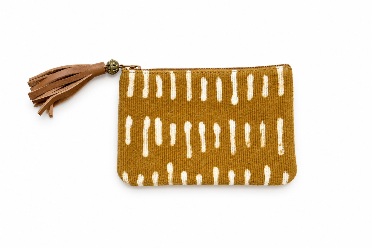 Porte-monnaie en cuir camel et bogolan - moutarde