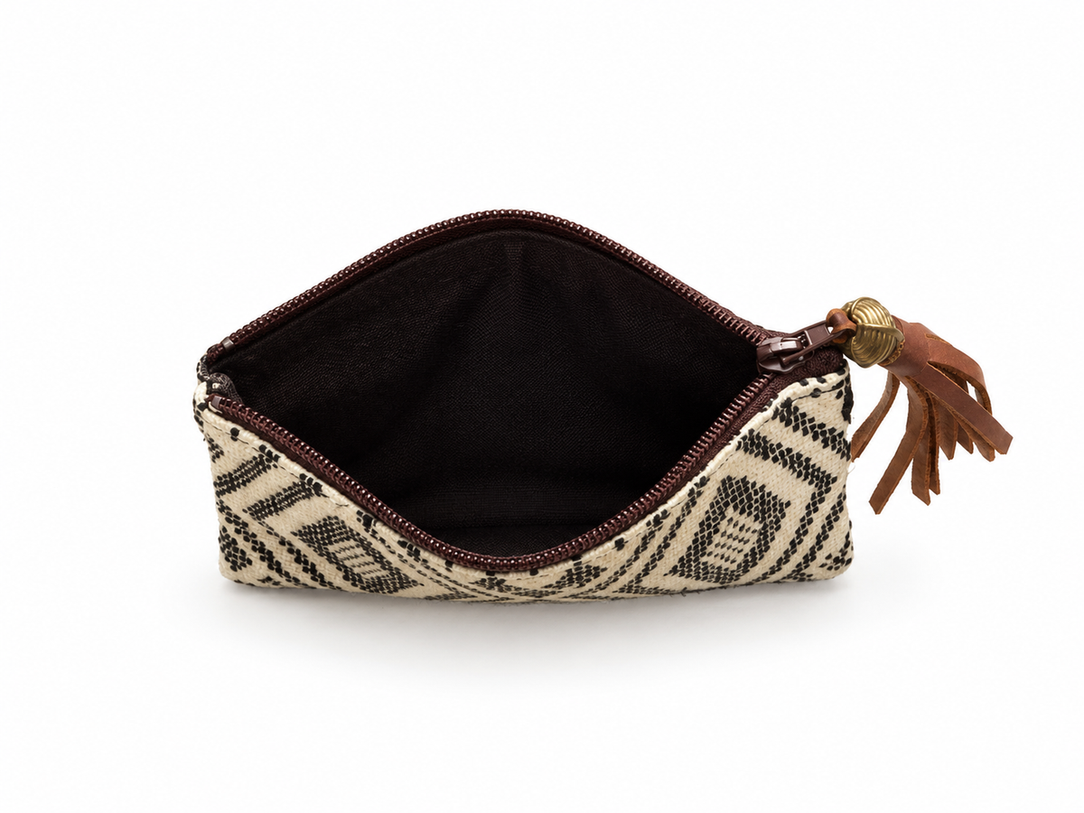 Porte-monnaie en pagne tissé et cuir camel - ocre et noir
