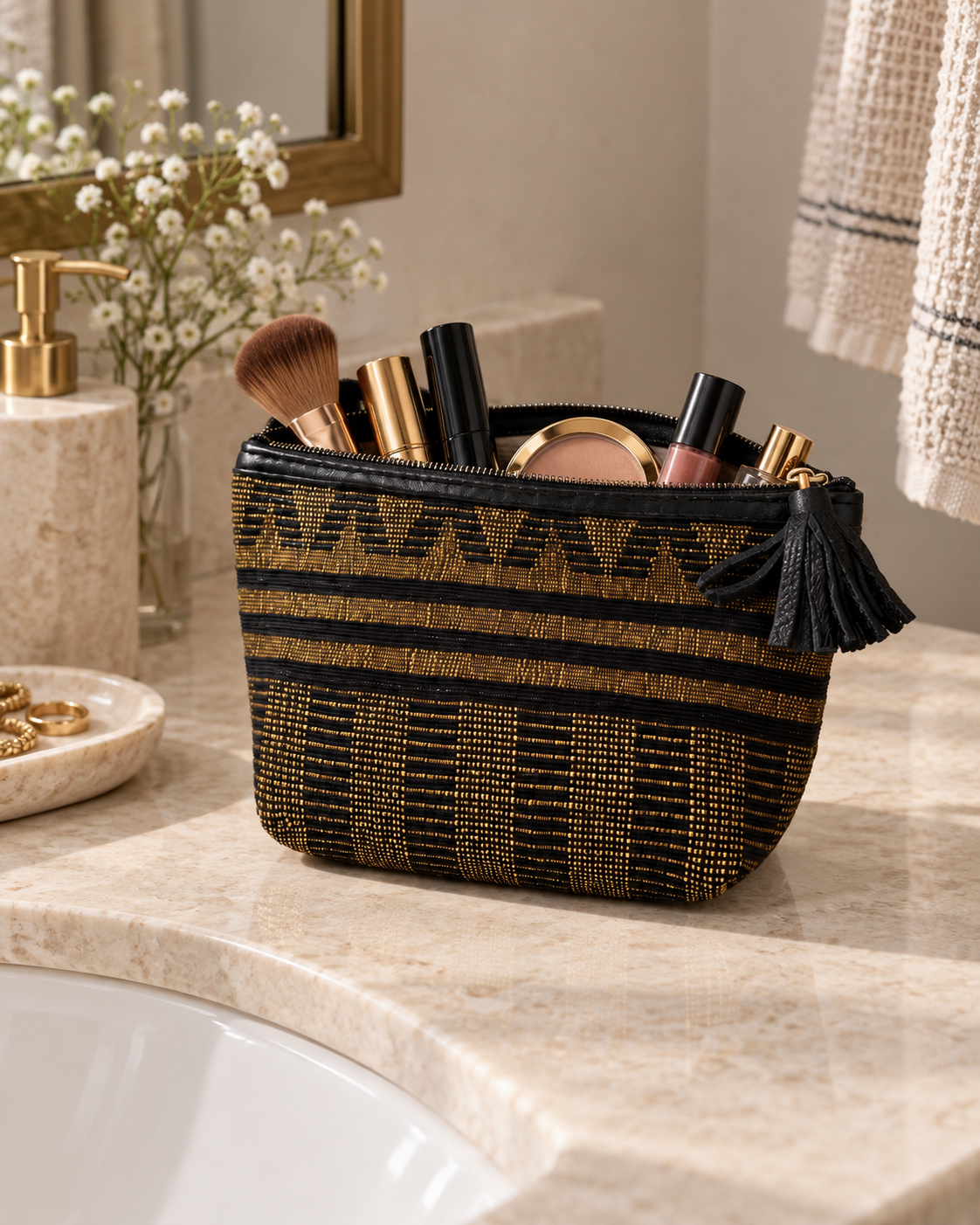 Pochette tissée noire et dorée – finitions cuir noir