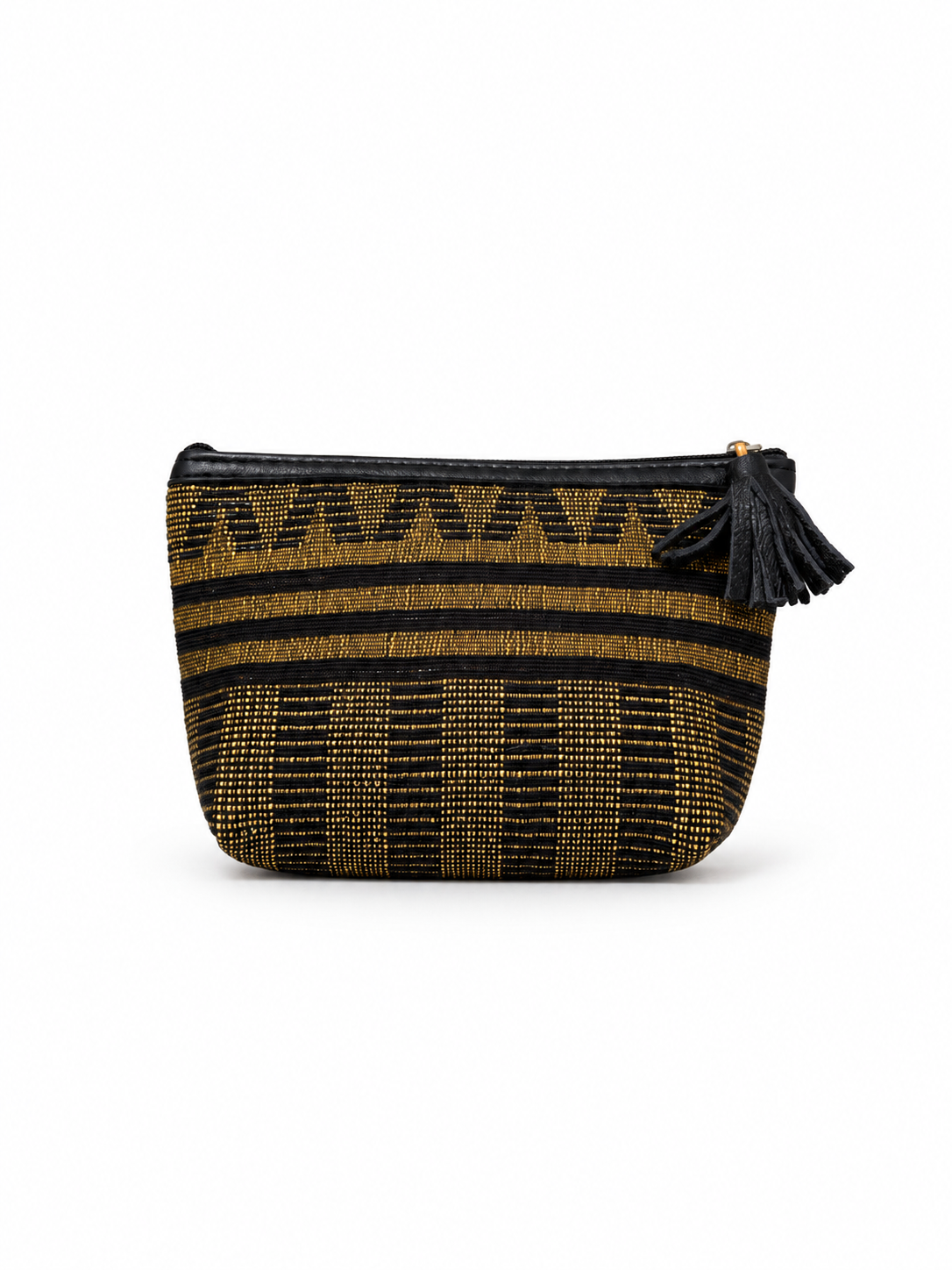 Pochette tissée noire et dorée – finitions cuir noir