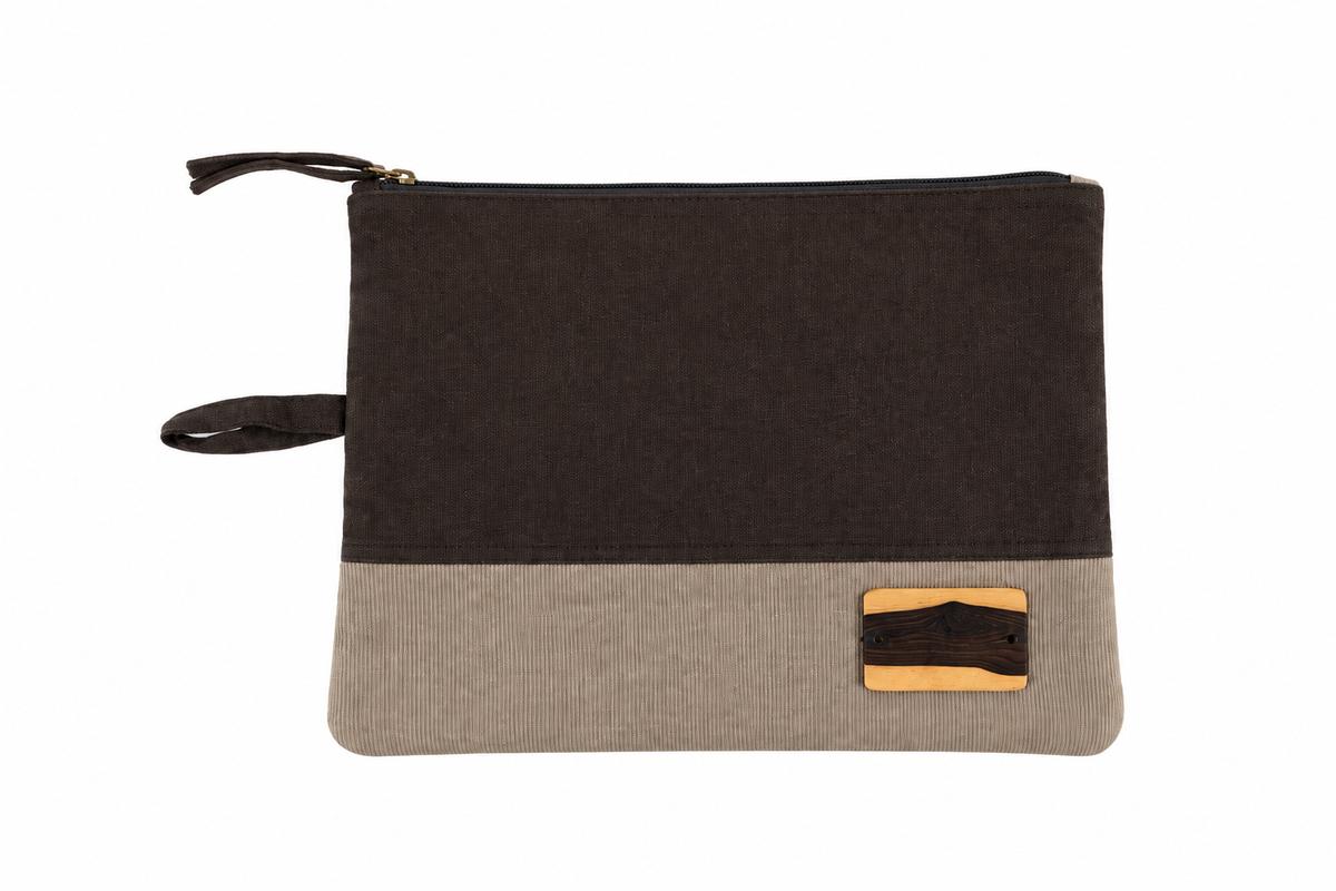 Pochette en toile de coton brun et beige – détail en bois