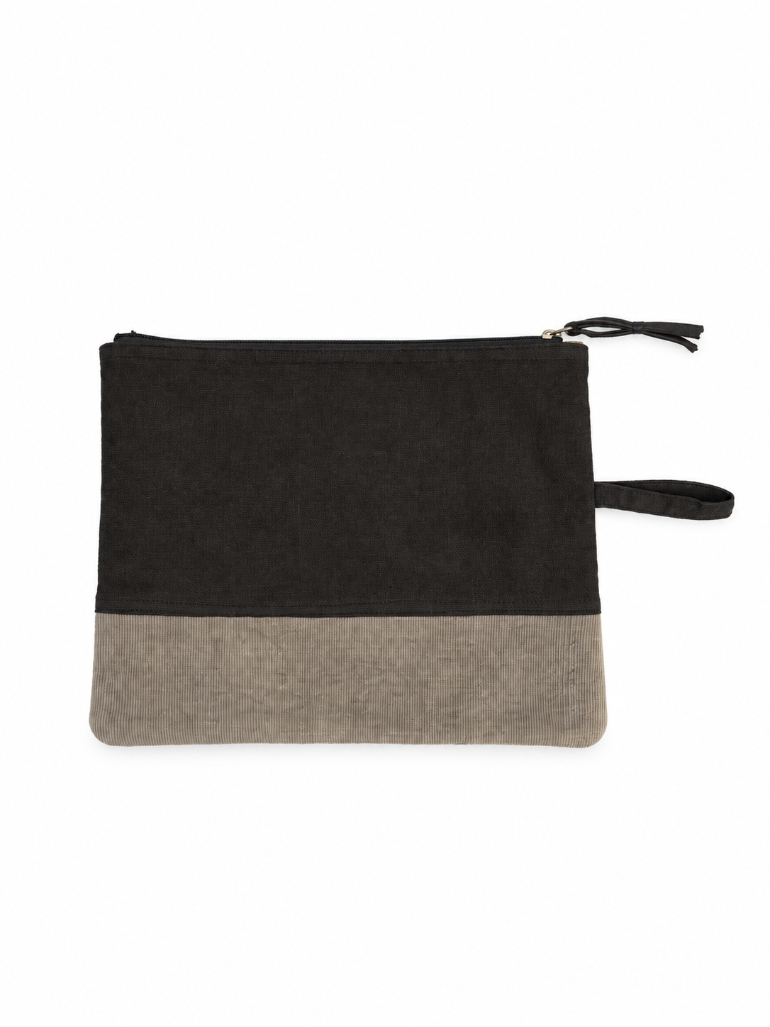 Pochette en toile de coton brun et beige – détail en bois