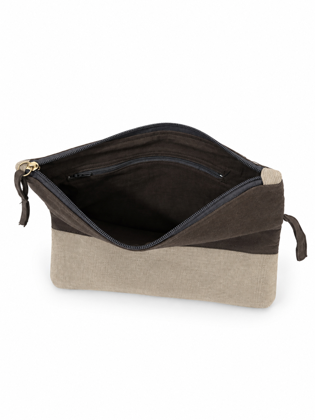 Pochette en toile de coton brun et beige – détail en bois