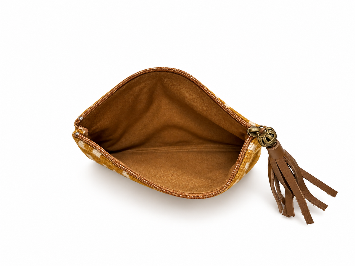 Porte-monnaie en cuir camel et bogolan - moutarde