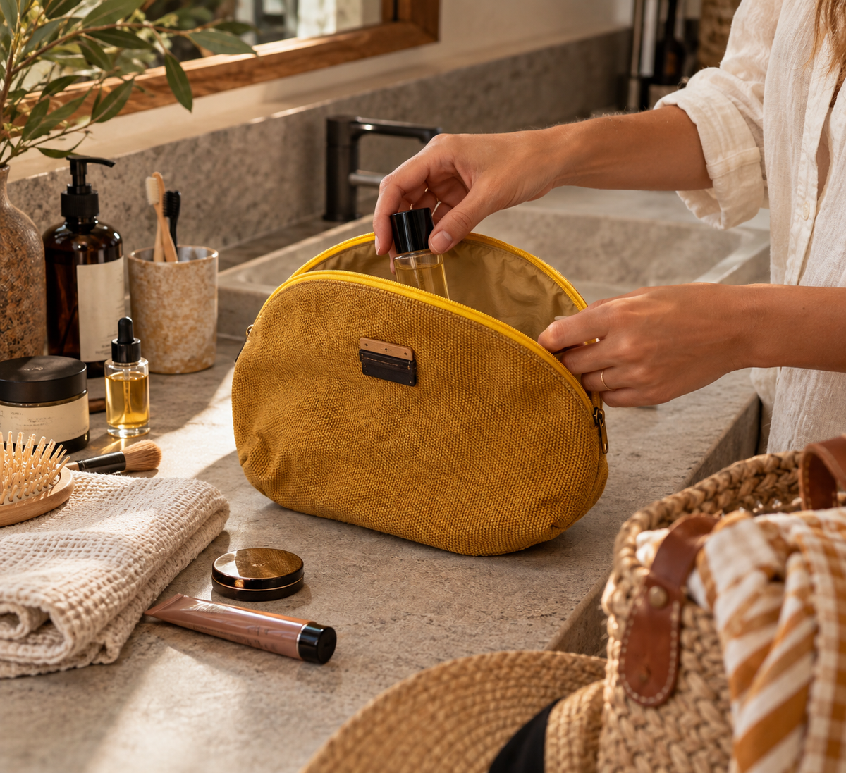 Pochette en toile de coton moutarde – détail en bois