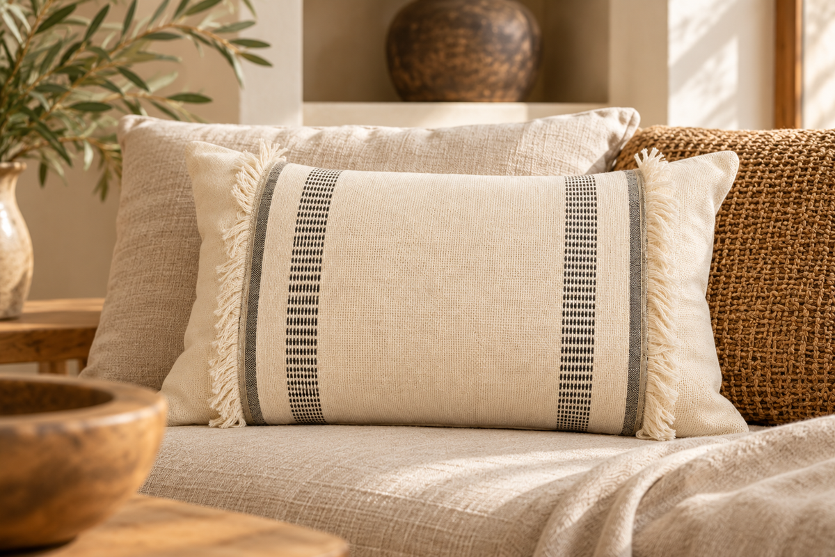 Coussin crème en coton naturel à motif