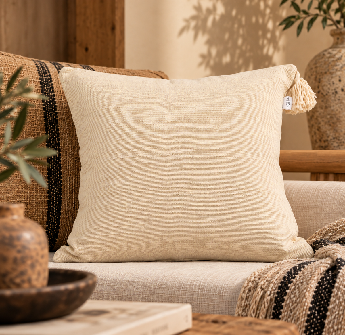 Coussin crème en coton naturel à pompons