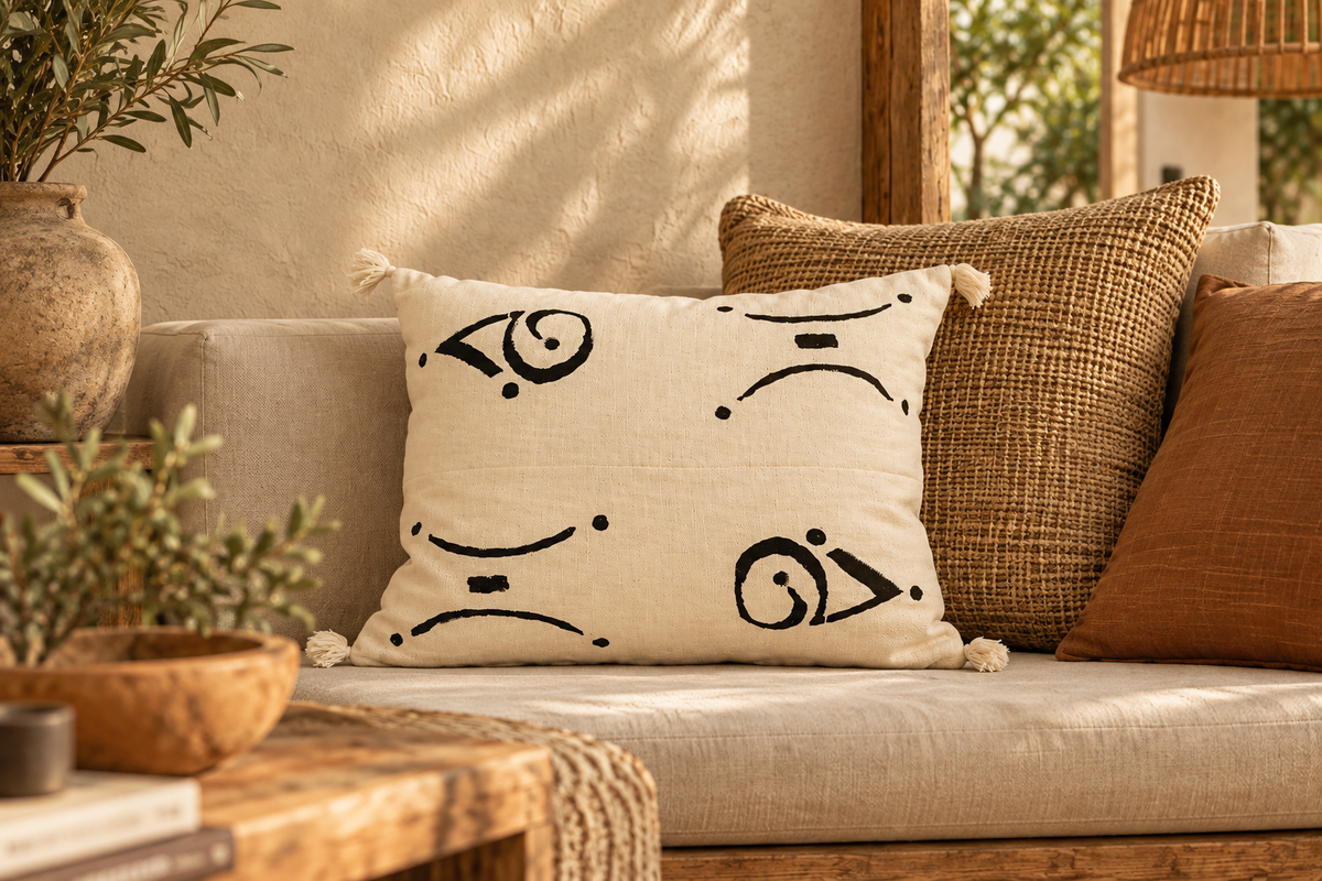 Coussin crème en coton naturel à dessins noir