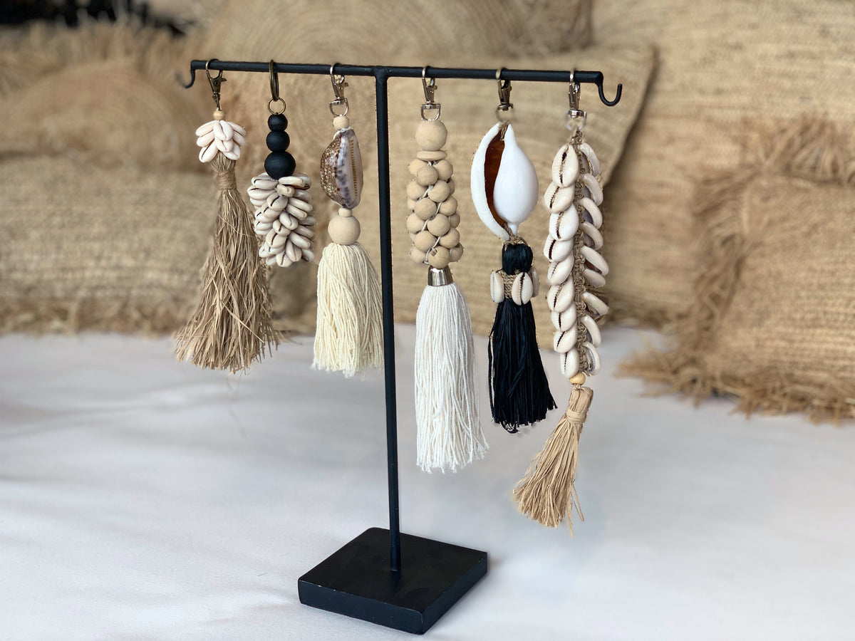 Porte-clés raphia et cauris - Naturel - 20 cm