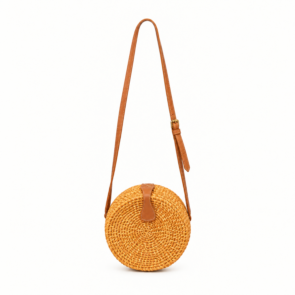 Panier rond coloré en rotin Ata, avec davantage d’espace autour et le fond d’origine préservé