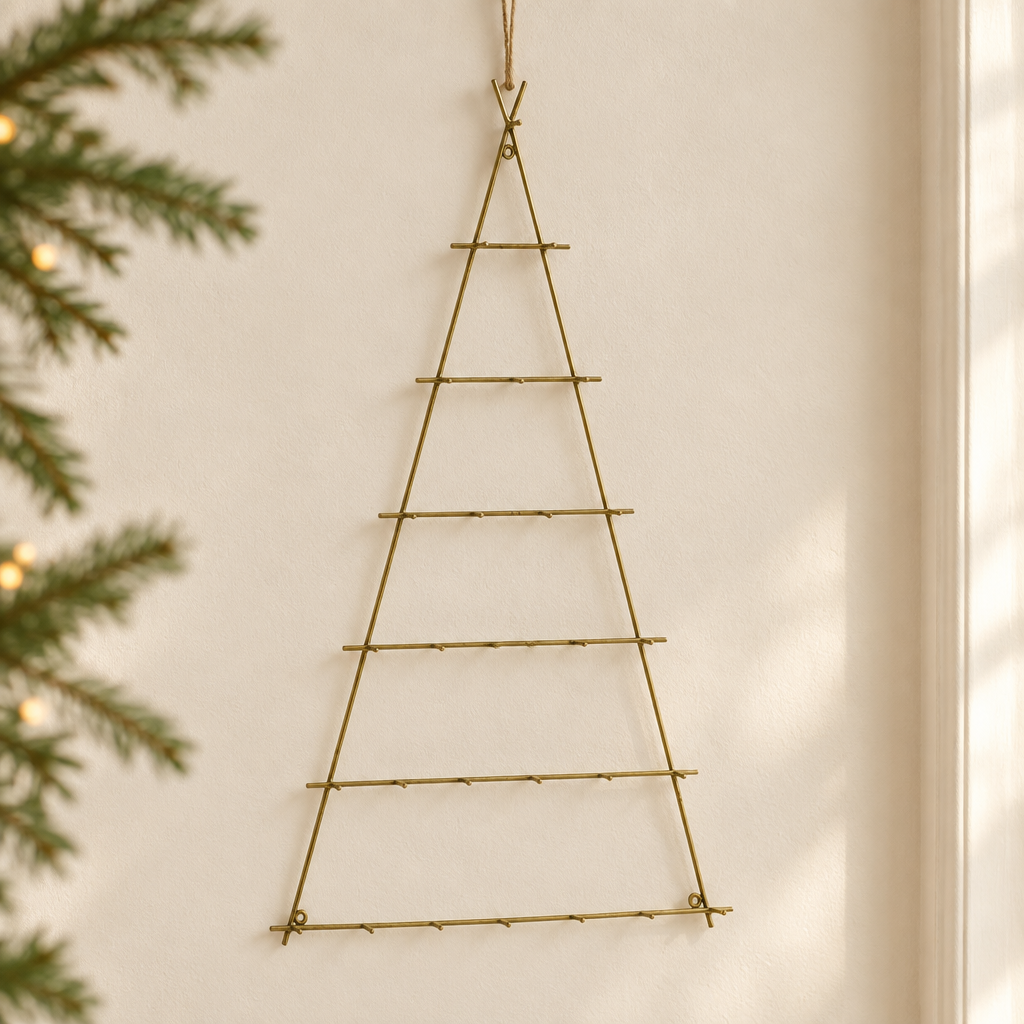 Sapin de Noël suspendu en fer forgé sur un mur clair dans un intérieur festif
